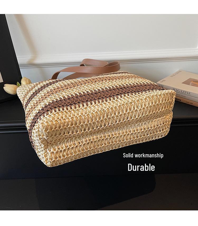 Bolsa de Palha Tecida com Listras Arco-Íris Feminina - 2026 Bolsa de Ombro de Grande Capacidade para Férias na Praia e Deslocamento