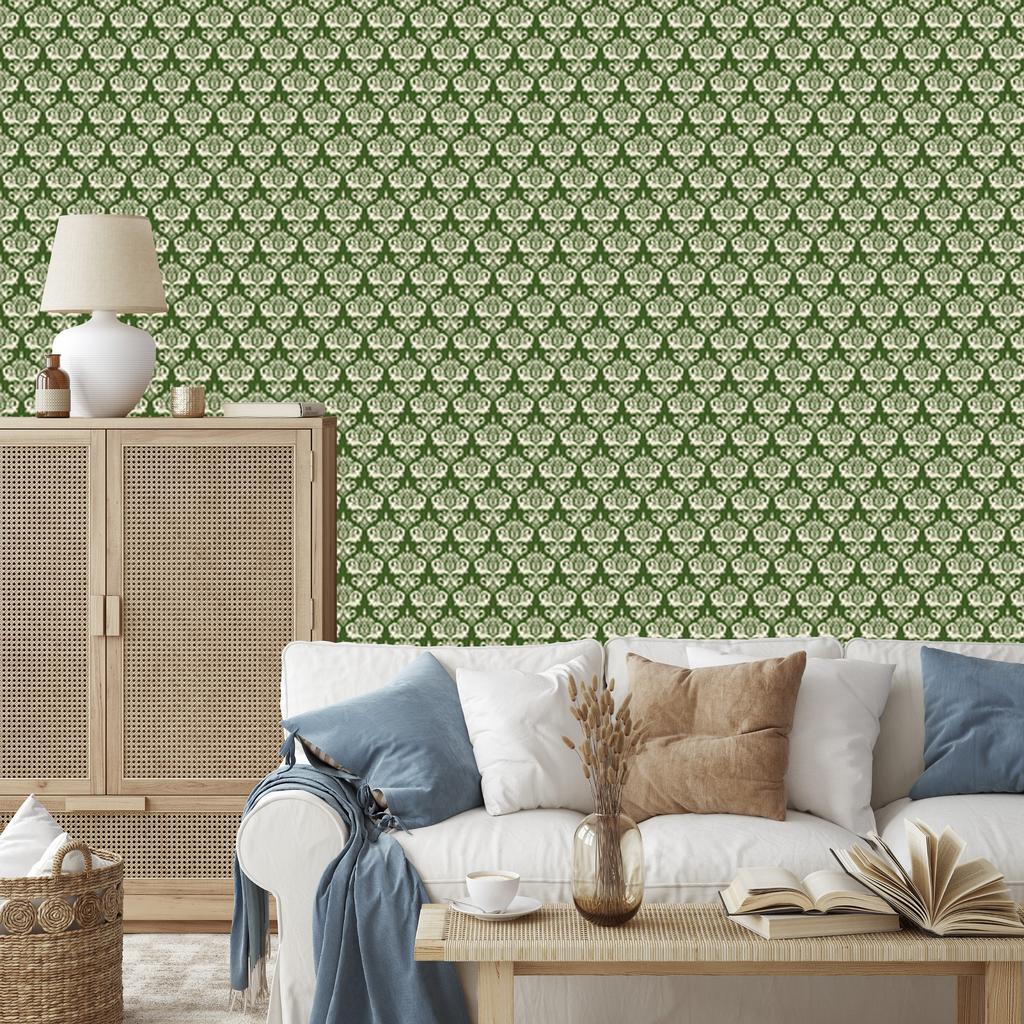 Christmas Damask Wallpaper Lime and Beige for Living Room and Bedroom 50x1000