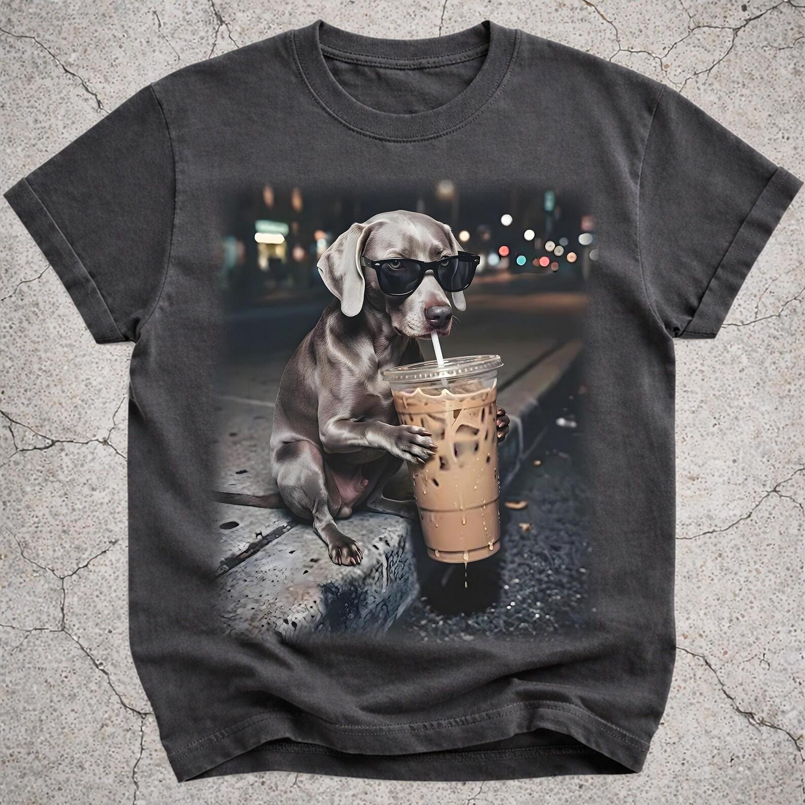 Funny Weimaraner Drinking Iced Coffee Shirt, Dog Mom Gift, Animal Meme Tee S