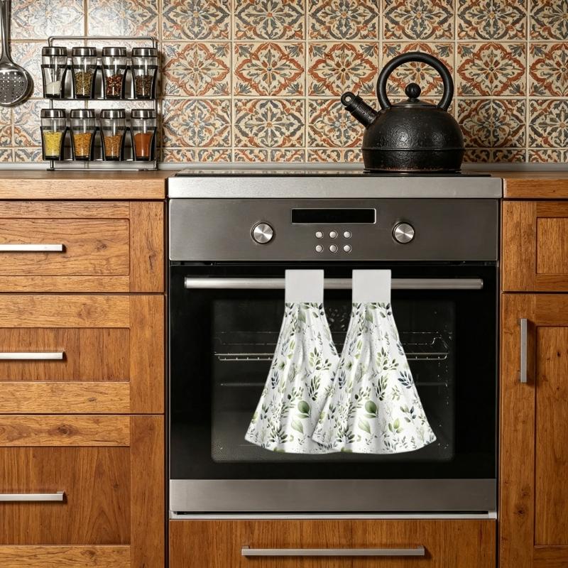2Pcs Space Saving Hanging Hand Towels Quick Dry Absorbent Leaf Pattern Kitchen Tie Towel Dish Cloth with Hanging Loop