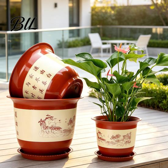 Deep Nursery Pot for Healthy Root Growth Plastic Flower Large Plants with Drainage Holes & Saucer Tray, Weather Resistant Planter Fruit Trees
