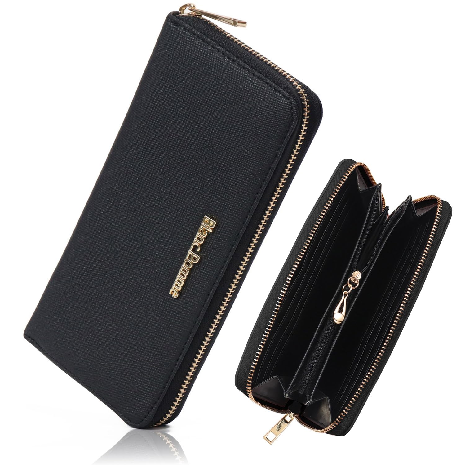 

Blanc Pomme Women s Long Wallet with Gold Logo and Round Zipper, Black, bp-1001