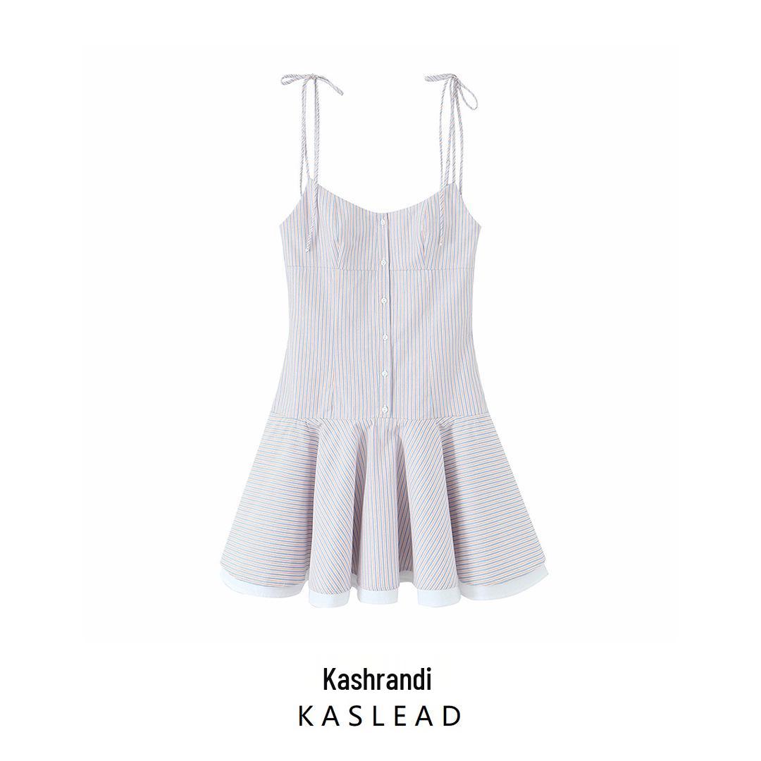 

2025 Spring Blue Striped Sling Dress - Women s European & American Style Extra Small