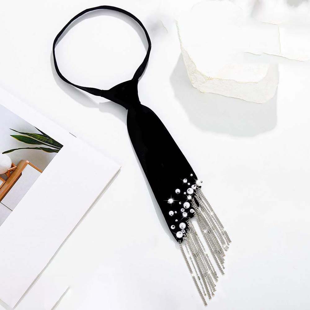 Black Pearls Tie Tassels Decoration Shirt Tie Temperament Hand-beaded Long Necktie  Kids