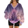 Women's Fashionable V-neck Christmas Printed Long Sleeved Casual Pullover Plush Warm Sweatshirt Top