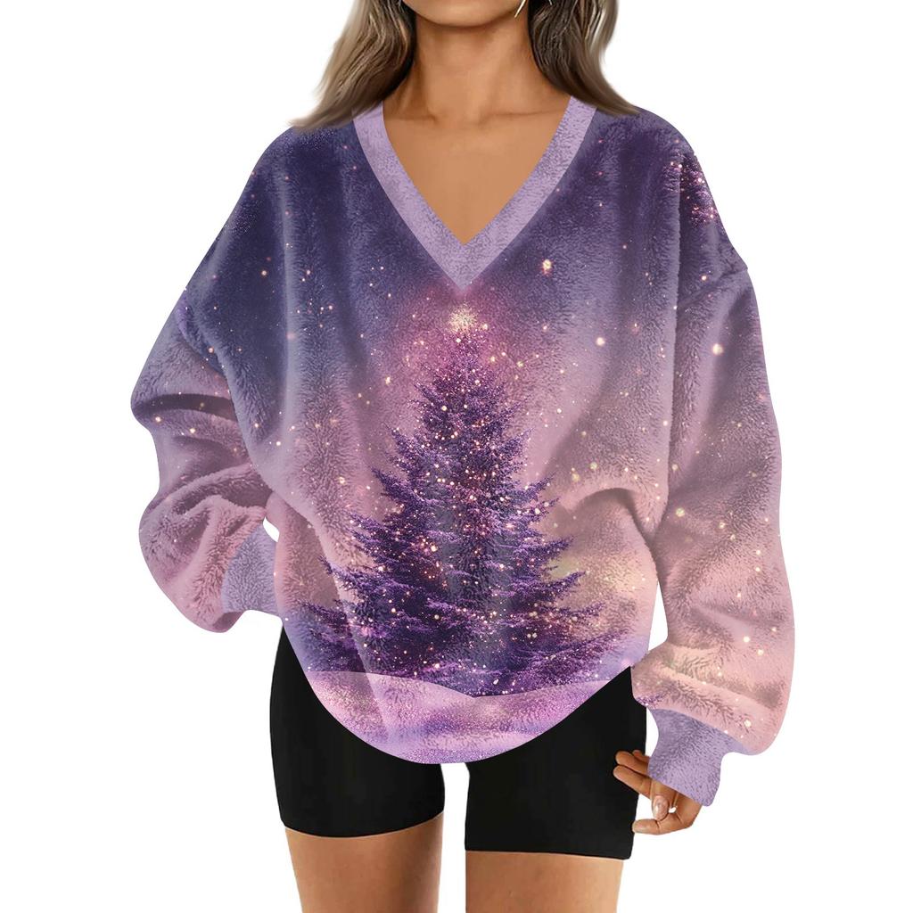 Women's Fashionable V-neck Christmas Printed Long Sleeved Casual Pullover Plush Warm Sweatshirt Top