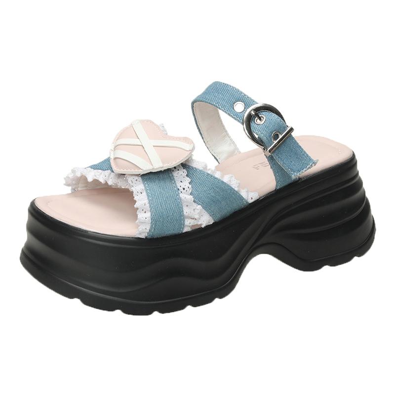 Modne 7,5CM Letnie Damskie Kapcie Damskie Plażowe Japonki Grube Jeansowe Buty Koturny Obcasy Zewnętrzne Sandały Kobieta Wysokie Platformy Kapcie