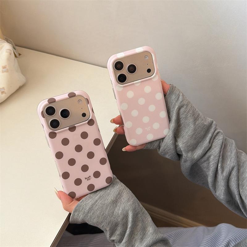 Korean Style Pink-Brown Polka Dot iPhone 16/17 Pro Max Case, Double Layer, Fits 15/14 Models