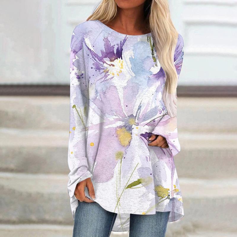 

Весенне-осенние футболки с круглым вырезом и 3D-принтом в виде цветов, выполненным масляной краской. Модные повседневные женские футболки с длинным рукавом. 5XL