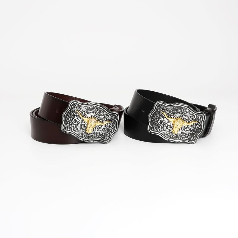 Western Bull Head Belt with Smooth Buckle - Patterned Cowhide Leather Men's Belt