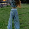 Women's Retro Patchwork Wide Leg Sweatpants - Gray Summer Casual Style