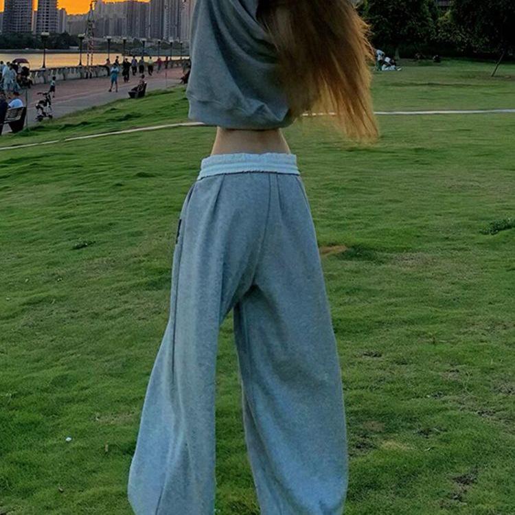 Women's Retro Patchwork Wide Leg Sweatpants - Gray Summer Casual Style