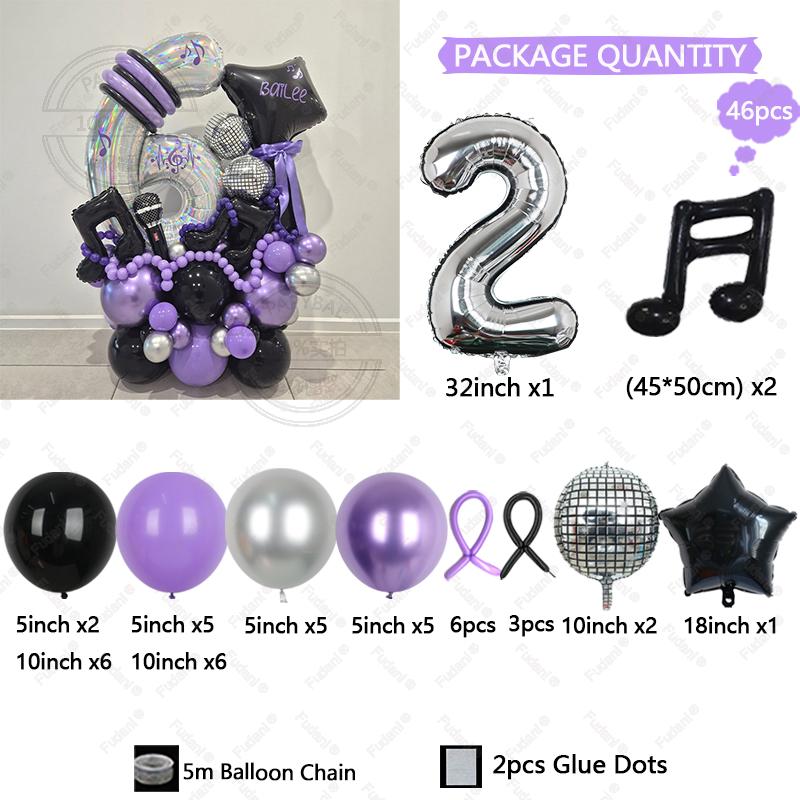 46Pcs Black Purple Music Note Theme Digital Balloon Girl Birthday Party Balloon Set Baby Shower Globos Photography Props