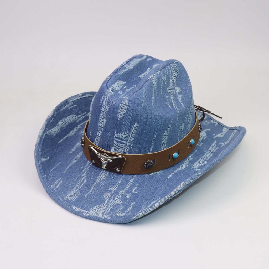 High Quality Personalized Western Cowboy Hat Fashion One-word Top Curved Brim Jazz Hat Cow Head Belt Accessories Top Hat