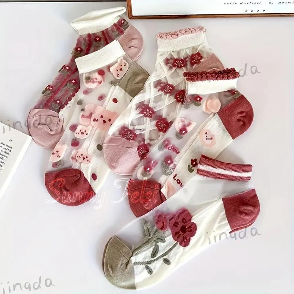 

5pcs Crystal Stockings Short Stockings Transparent Women s Stockings One Size червоний