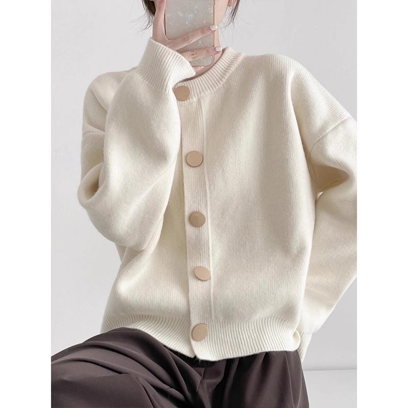 Design Sense Single-breasted Solid Color Knitted Sweater Women's Spring Coat Cardigan Lazy Loose Crew Neck Top