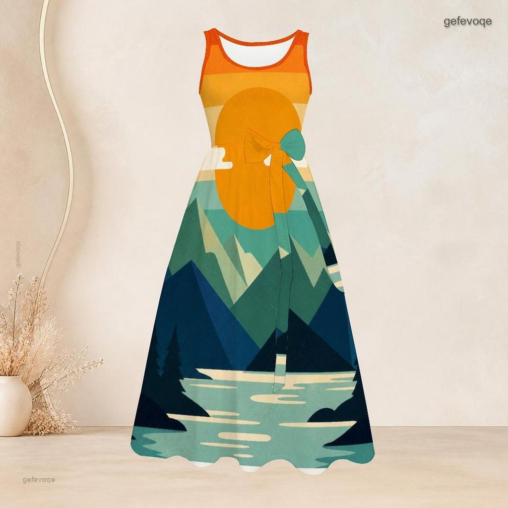 Women Plus Size Round Neck Sleeveless Gradient Printed A Line Bow Waist Dress