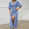 Tooxika Summer New V-neck Lantern Sleeve Waist Dress Resort Style Split Bohemian Beach Skirt