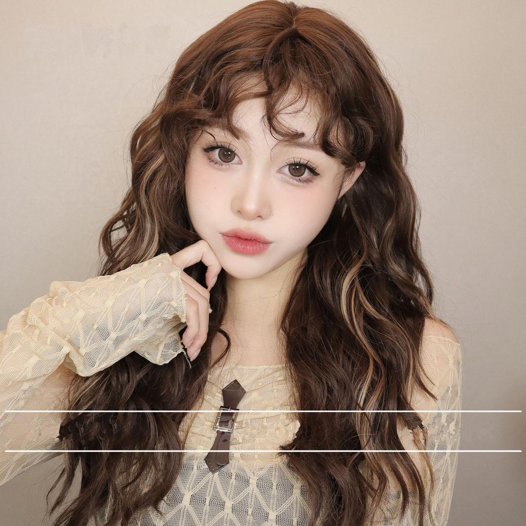 Pony Licht Perückenkopf Vintage Gefärbt Abdeckung Kleine Lockige Damenperücke Braun Wolle Idle Style