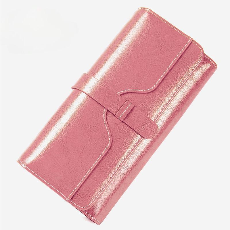Pure leather three fold women's wallet, long buckle leather, cowhide, multi slot large capacity Korean version women's wallet, leather wallet