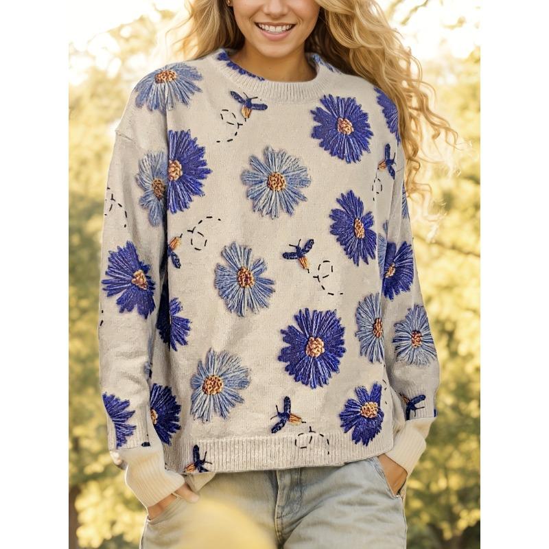 Three-Dimensional Floral Sweater for Women, Trendy Winter Outfit, Versatile Round-Neck Knitted Top.
