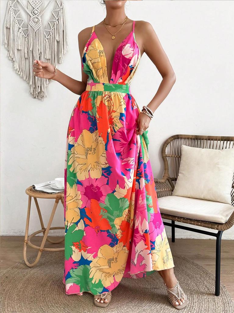 Європейська та американська сукня максі без спини з райдужним принтом тай-дай