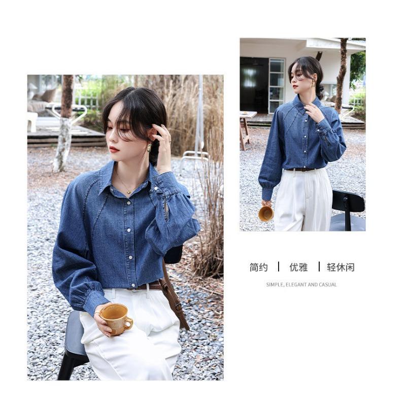 Solid Color Denim Shirt Women's Spring and Autumn Cardigan Loose Long Sleeve Retro Fashion Top