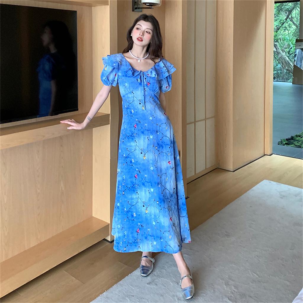 Retro V-neck Slimming Floral Print Midi Dress for Women Short Sleeve Ruffles Splice Temperament Vacation Long Dress