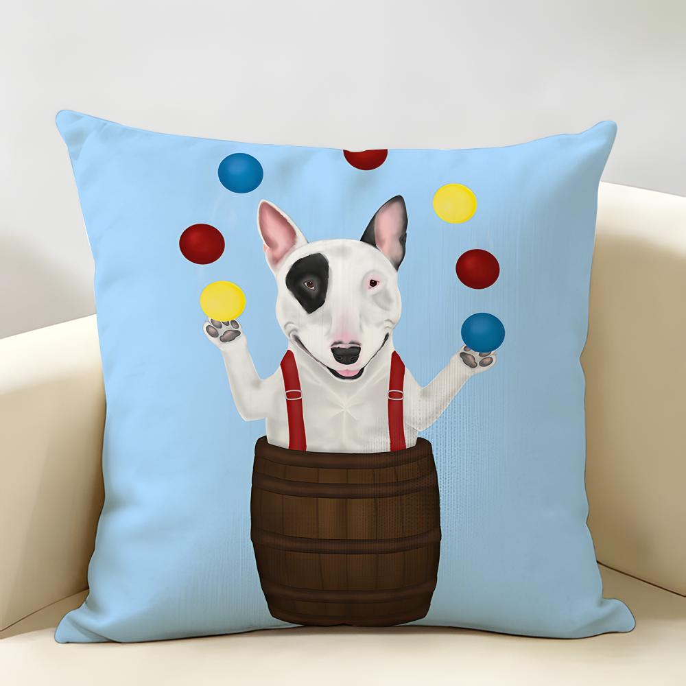 Housse de Coussin Série Bull Terrier Dessin Animé Lin Naturel Tissu Biologique Impression Double Face Décoration de Chambre Canapé Housse de Coussin
