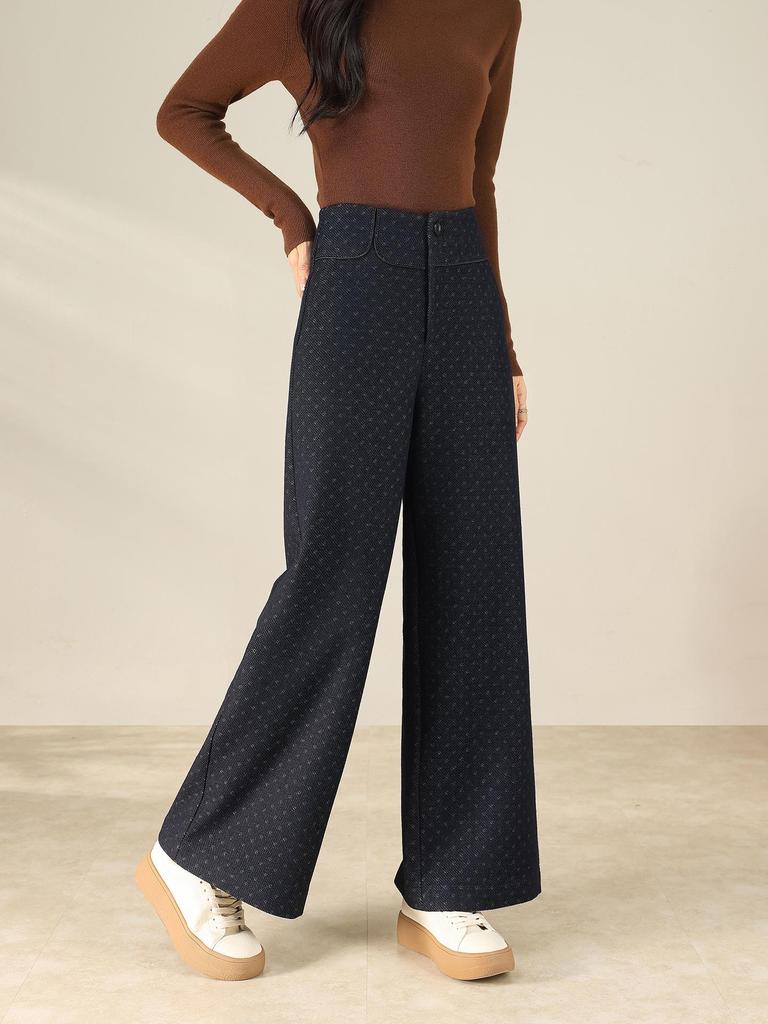 Women's Gray Wool High-Waisted Wide-Leg Floral Pants - Winter Casual, Thickened, Loose, Slimming, Versatile