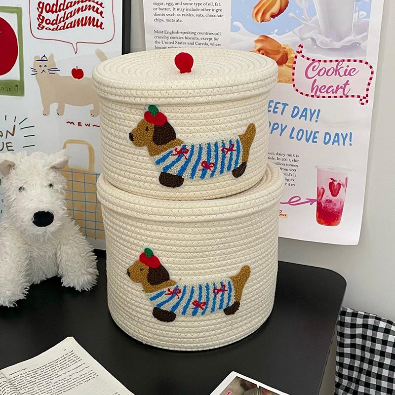 Cute Puppy Storage Basket Woven Cotton Rope Frame Large Capacity With Lid Dustproof Storage Bucket Desktop Dustproof