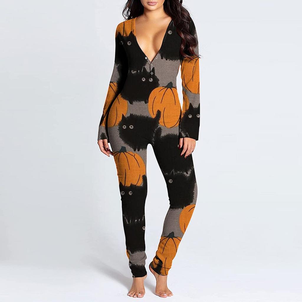 Women's Button-Down Halloween Print Functional Buttoned Flap Adults Jumpsuit