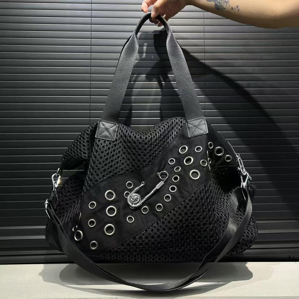 Women'S Personalized Mesh Oversized Tote Bag Large Pin Rivet Ring Shoulder Bag
