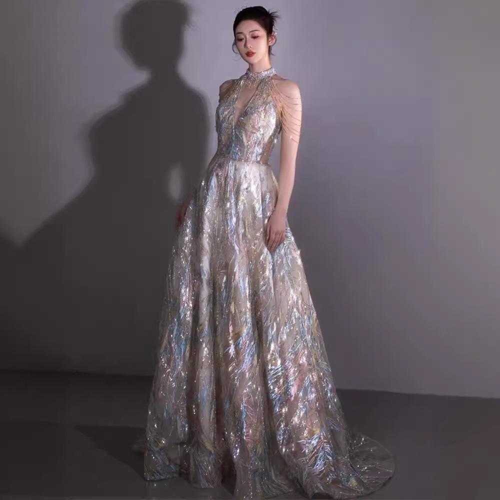 Toast Bride 1011 New Light Luxury Niche Sequins Neck Sleeveless Banquet Host Evening Dress Dress