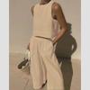 Cotton and Linen Pant Sets Women Sleeveless Leace-up Short Tops Drawstring Long Pants Two Piece Set Commuting Summer