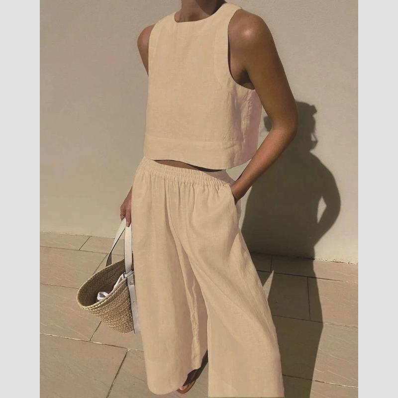 Cotton and Linen Pant Sets Women Sleeveless Leace-up Short Tops Drawstring Long Pants Two Piece Set Commuting Summer