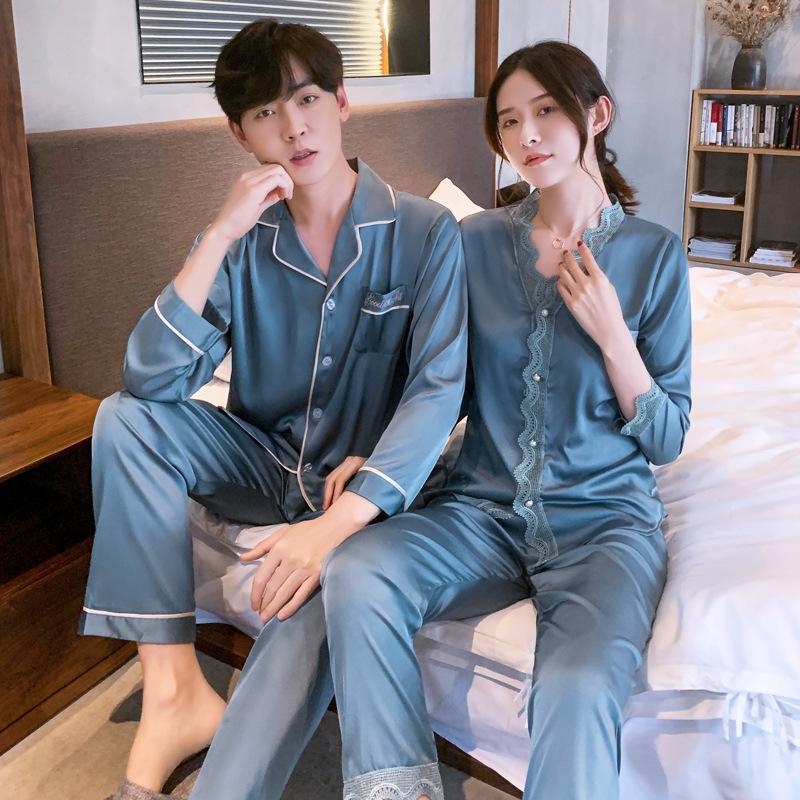 2024 Spring-Fall Ice Silk Couple Pajamas Set: Sexy Women's Long Sleeve & Men's Thin Korean Style Summer Sleepwear.