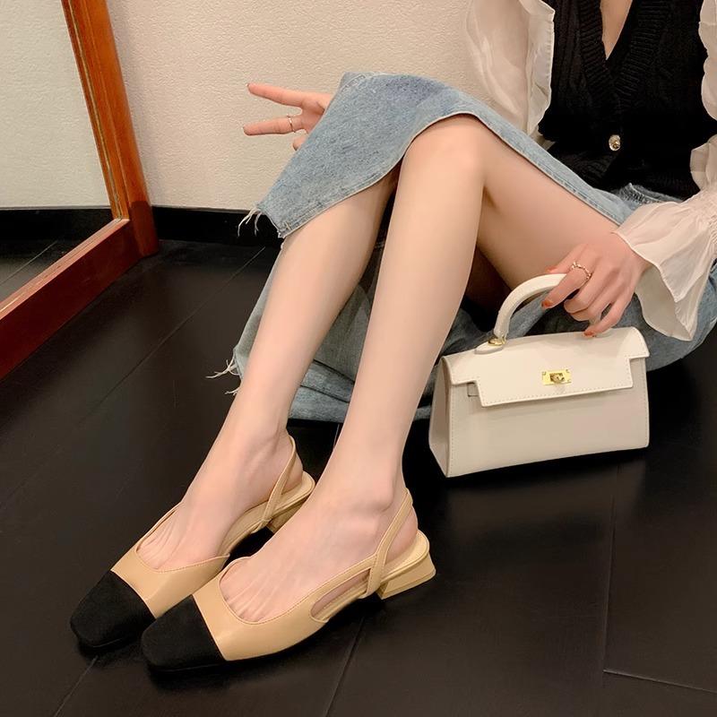 

French square head light mouth color matching empty single shoes 2025 spring and summer thick heel comfortable flat shoes leather bag head sandals 40 хаки