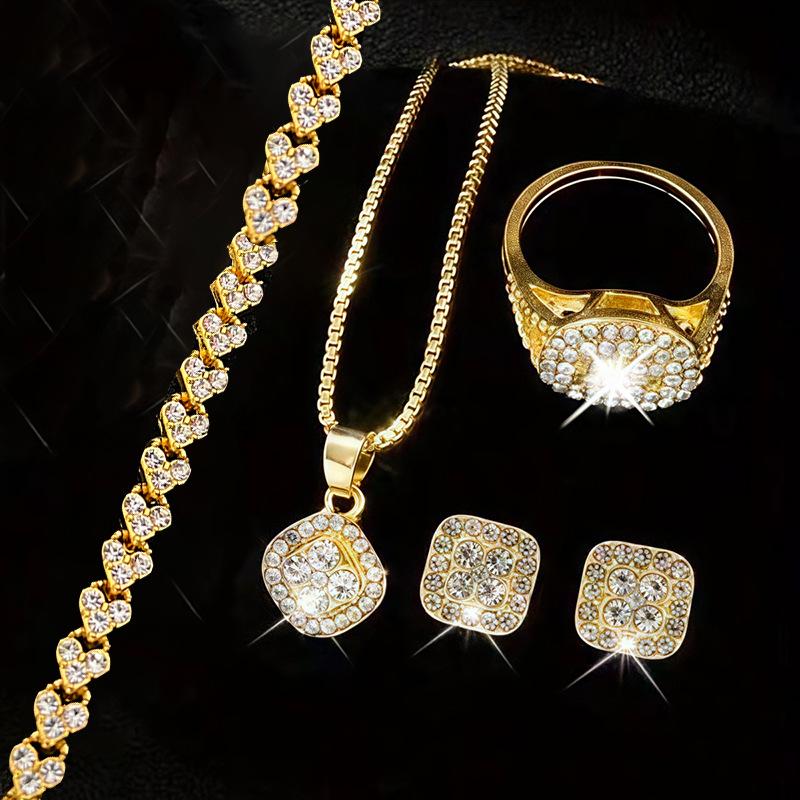 Versatile Jewelry Set: Rhinestone Earrings, Ring, Bride's Three-Piece Fashion Set