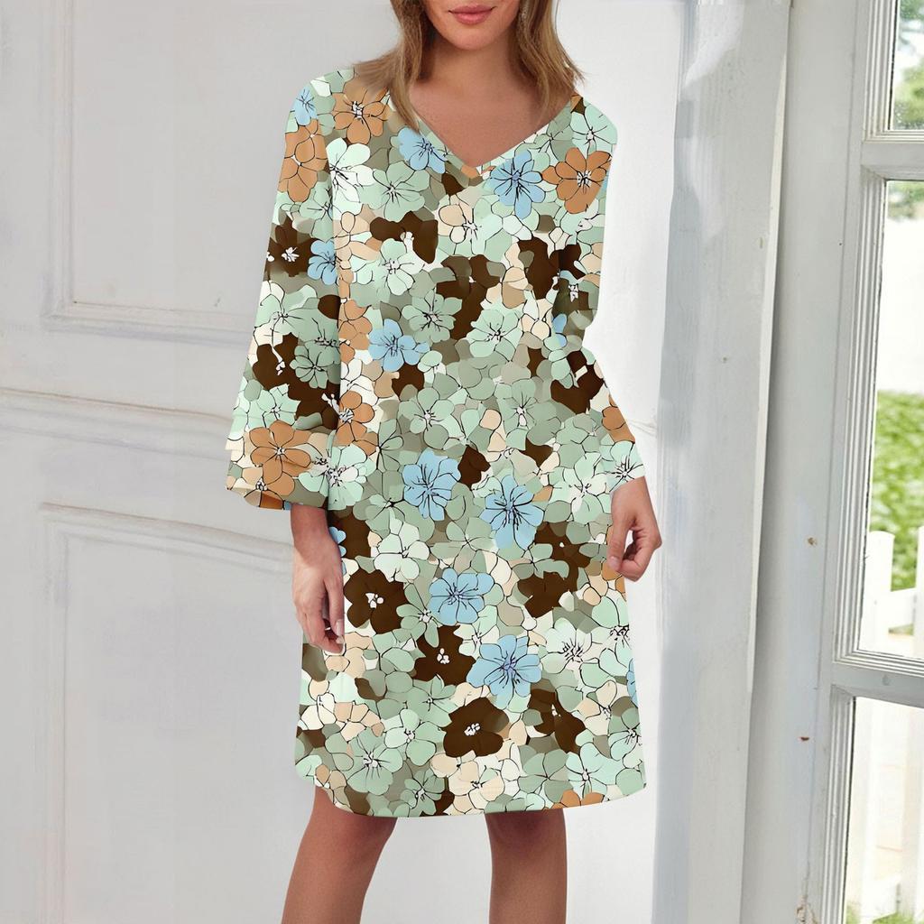Women's Fashion Casual Round Neck Three-quarter Sleeve Midi Dress
