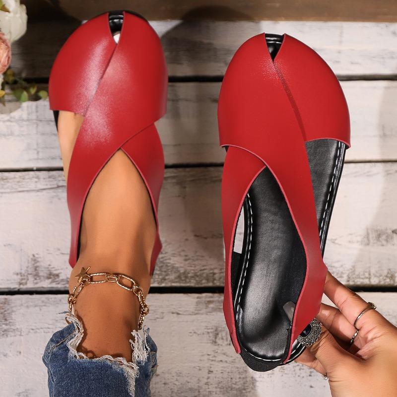 Sandalen Damen Tasche Seitlich offen Flache Schuhe Überkreuz Weiches Leder Gummiband Zehentrenner