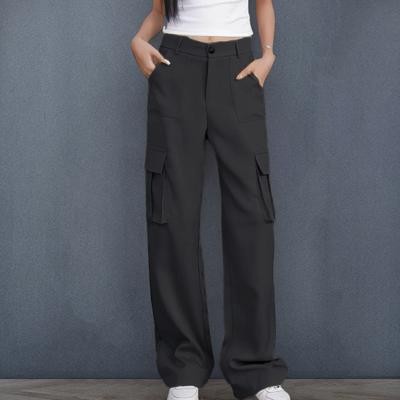 Women Cargo Pants High Waist Button Zipper Fly Casual Trousers Solid Color Loose Fit Multi-Pocket Design Long Pants