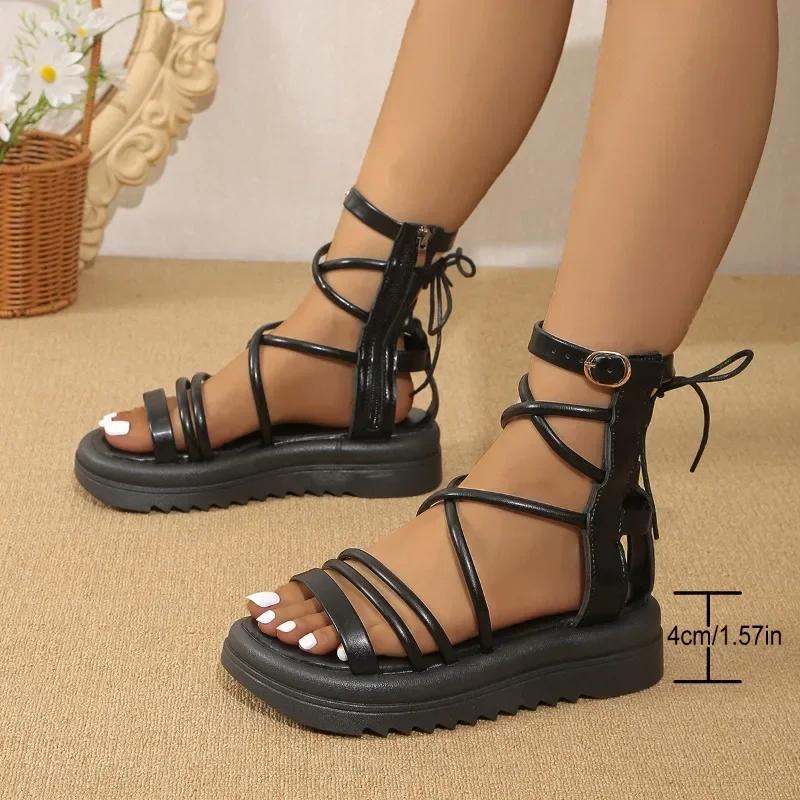Fashion 2024 Summer Hot Selling Women's Shoes Fashion Open Toe Women's Sandals Solid Color Casual Mid Heel Women's Roman Sandals