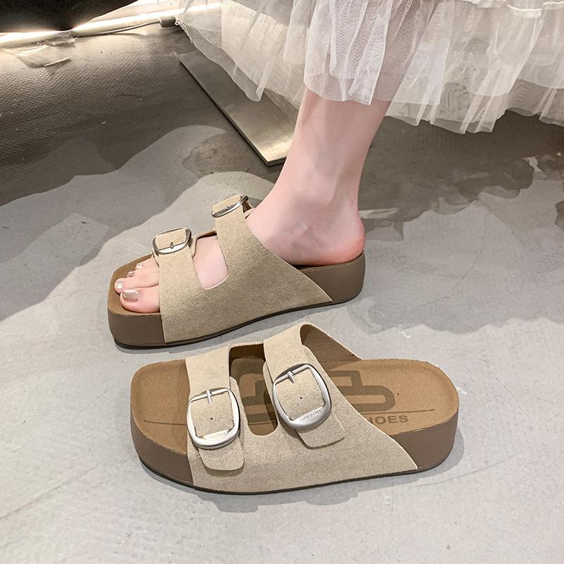 Thick-soled retro pink one-word slippers, shoes for summer new beach vacation cool slippers