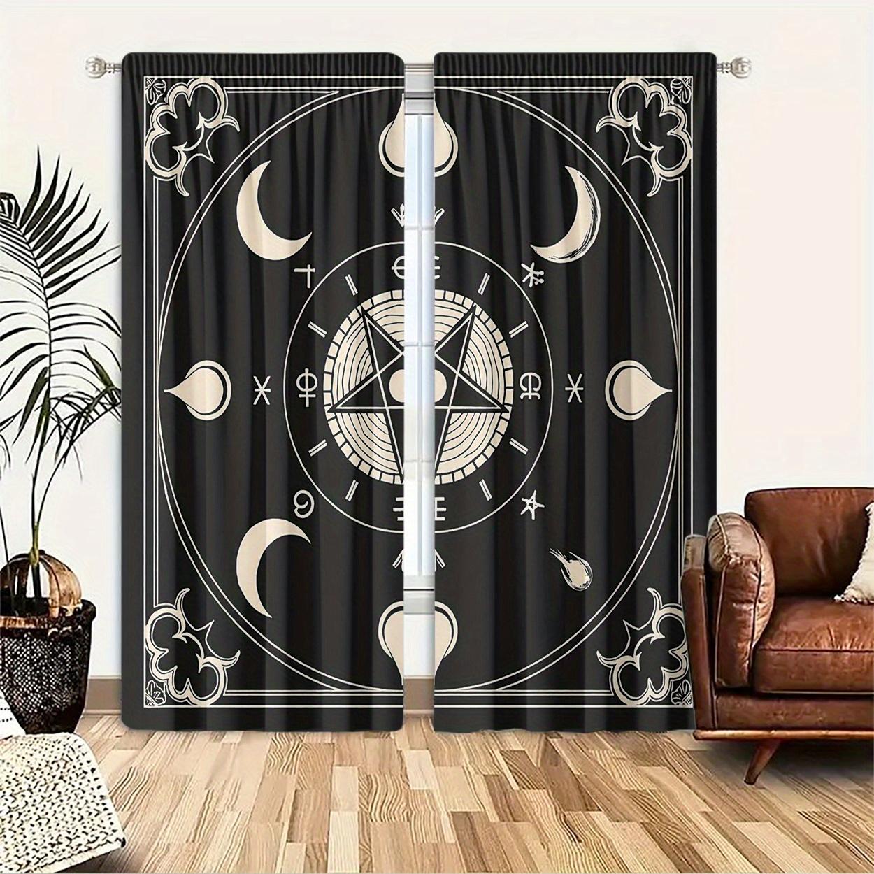 

Set Of 2 Mystical Zodiac Moon Phase Print Curtains Black Polyester Drapes Design Perfect Curtain Semi Sheer Made With Rod Pocket W100*H70(CM)-Grommet top&1PCS