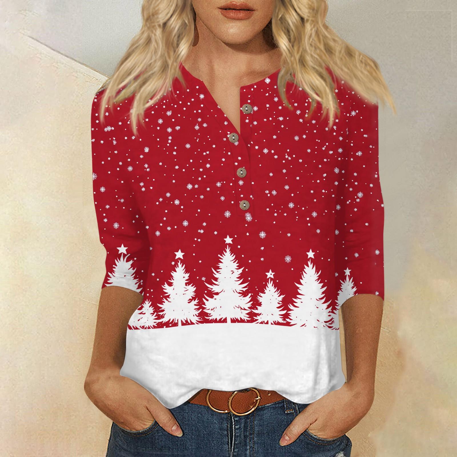 

Женская мода Повседневная новая пуговица с круглым вырезом и рукавами 3/4 Свободная футболка с принтом Женский топ S белый