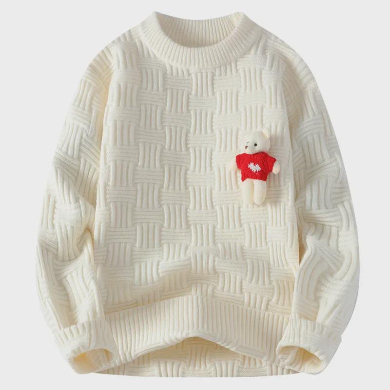 "2024 Men's Red Zodiac Bear Sweater: Autumn/Winter Round Neck with Coarse Twists"