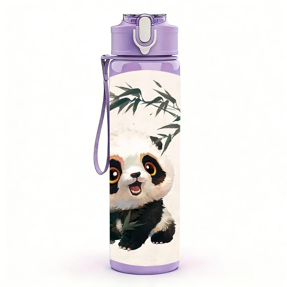 1PC Round Bamboo Background Panda Pattern 750ml Color Plastic Sports Water Bottle Leakproof Flip Straw Lid Suitable for Sports Office Home Use