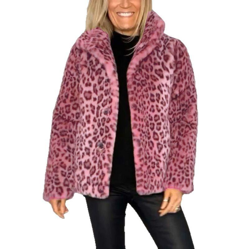 2024 Winter New Foreign Trade Women's Jacket, Best-Selling Fashionable Leopard Print Lapel Faux Fur Wool Top