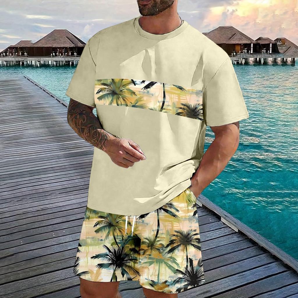 Men's Casual Two Piece Set Short Sleeve T Shirt and Elastic Waist Drawstring Shorts Summer Outfit Lightweight Comfortable Fit
